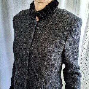 26 Spanner Black Semi Sparkly Bouclé Blazer with Ruffled Velvet Collar & Cuffs